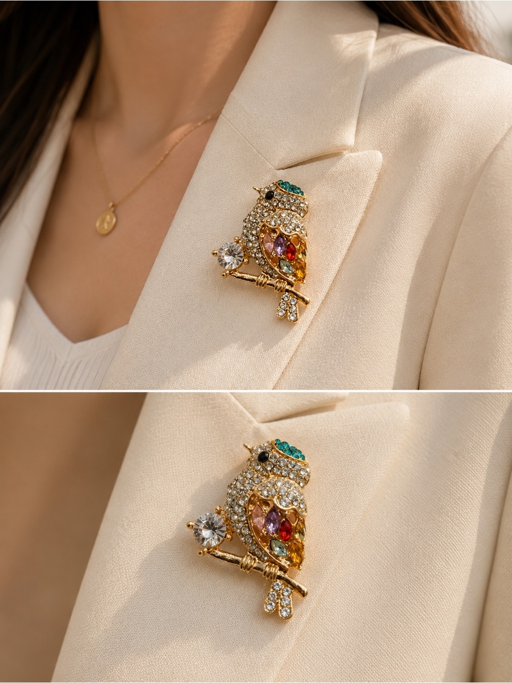 Colorful Crystal Owl Bird Brooch – Gold Tone Rhinestone Lapel Pin, Vintage Style - Picture 1 of 3